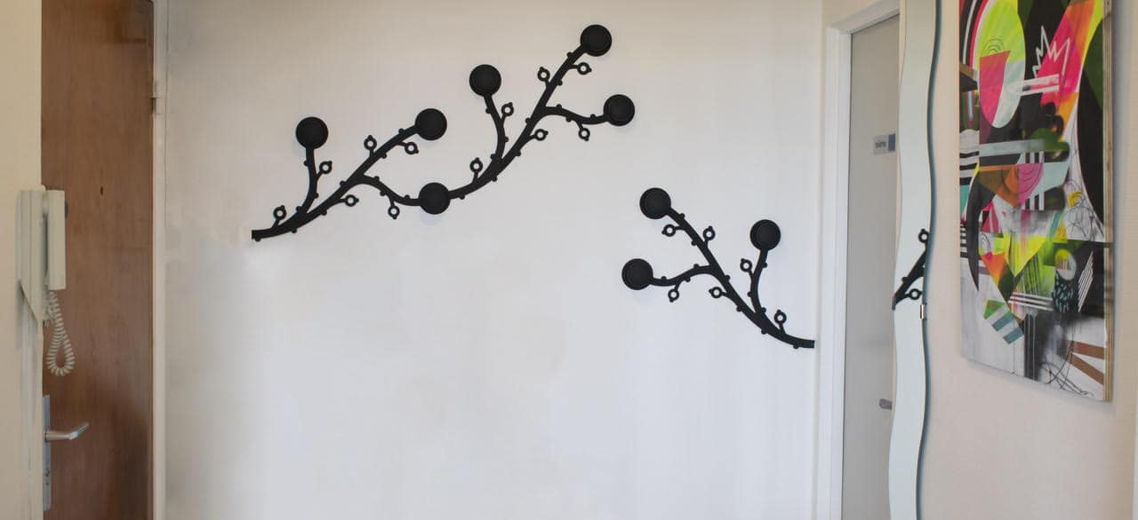 Entrée de l'appartement avec porte d'entrée, porte-manteau et tableau décoratif